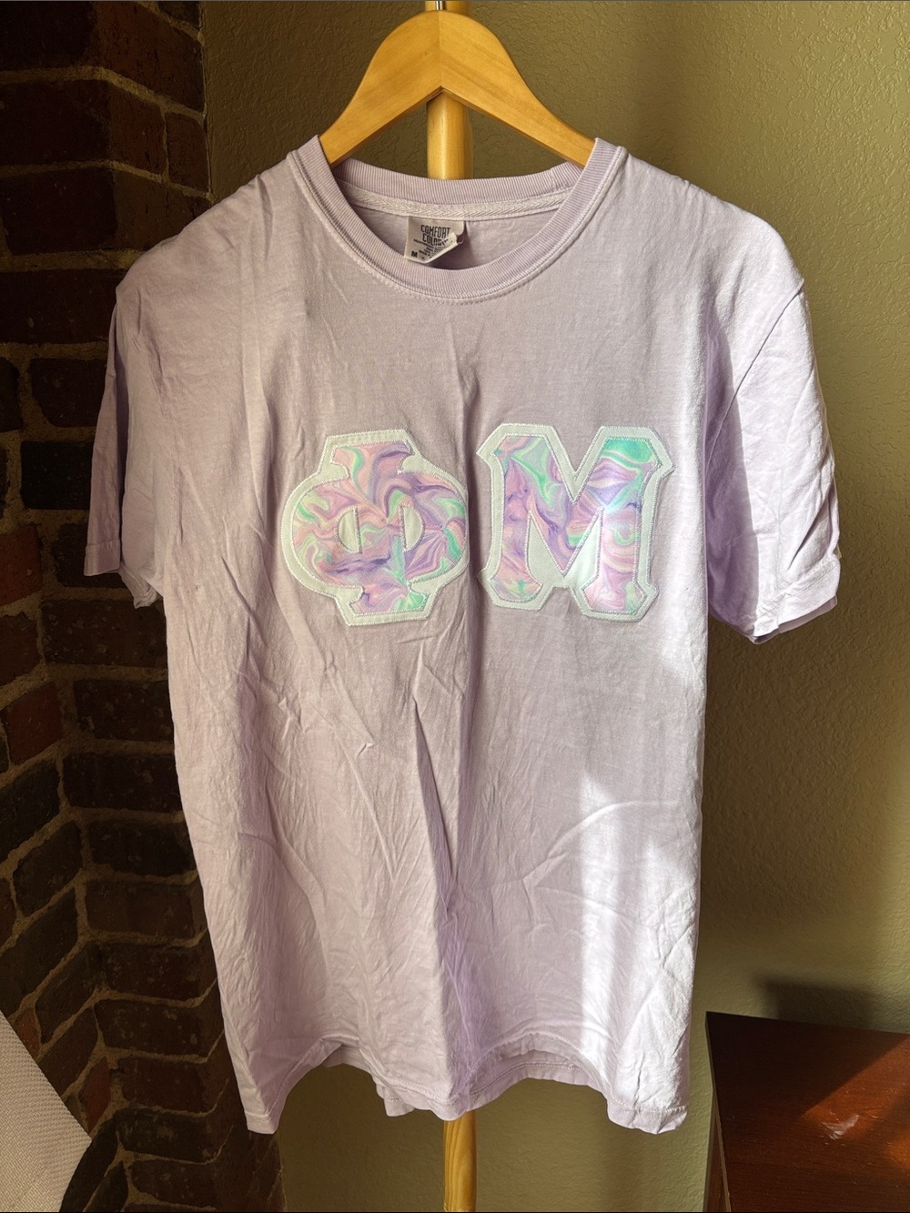 Comfort Colors Lilac Short Sleeve Tee with Pastel Marble Greek Letters Phi Mu M